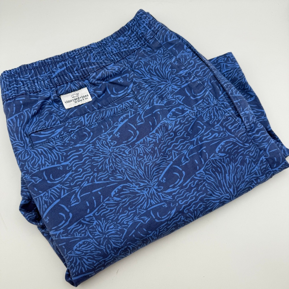 Vineyard Vines Chino Shorts Elastic Waist Fish‎ Beach Casual Blue Mens Size XL